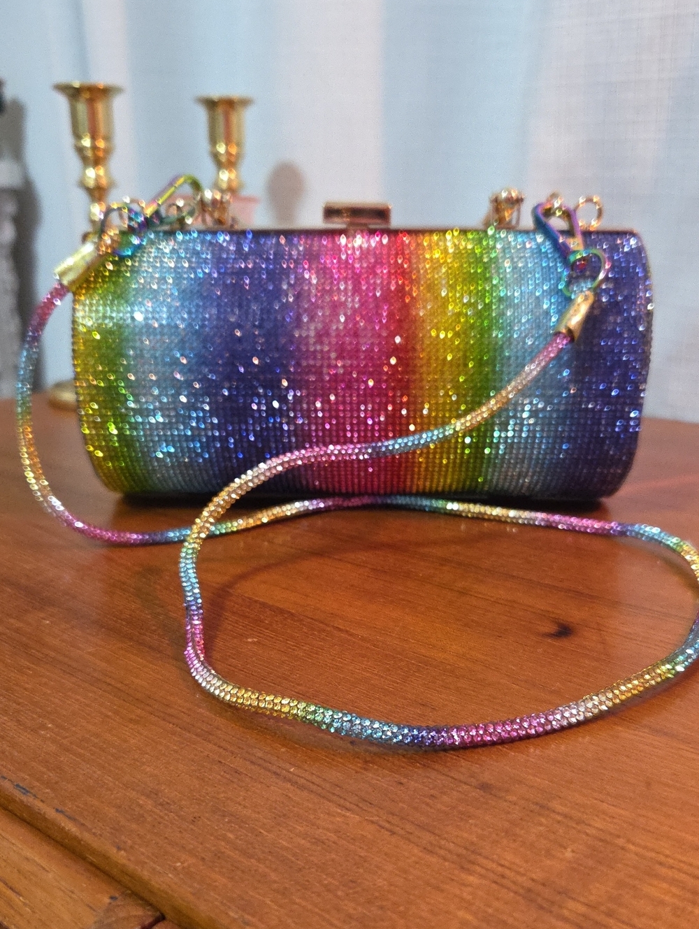 Rainbow Crystal Rhinestone Clutch Purse with Shoulder Strap